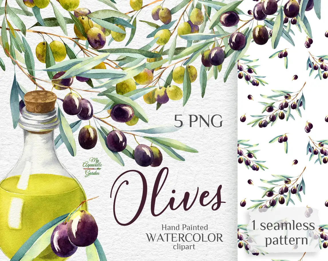 Olives, a bottle of olive oil clipart. Digital paper / seamless pattern.Watercolor hand-painted clipart. Cover.