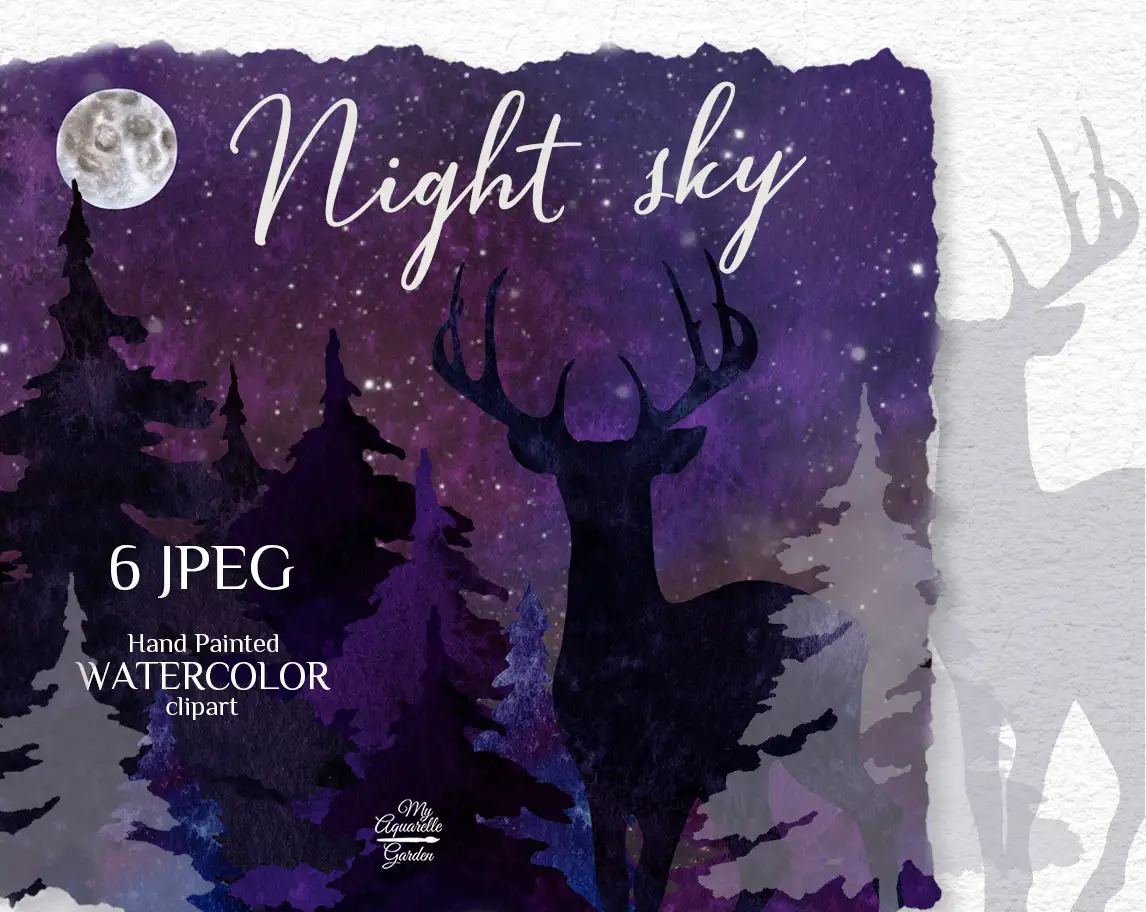 Starry night sky and night forest. House. Deer. Watercolor hand-painted clip art.