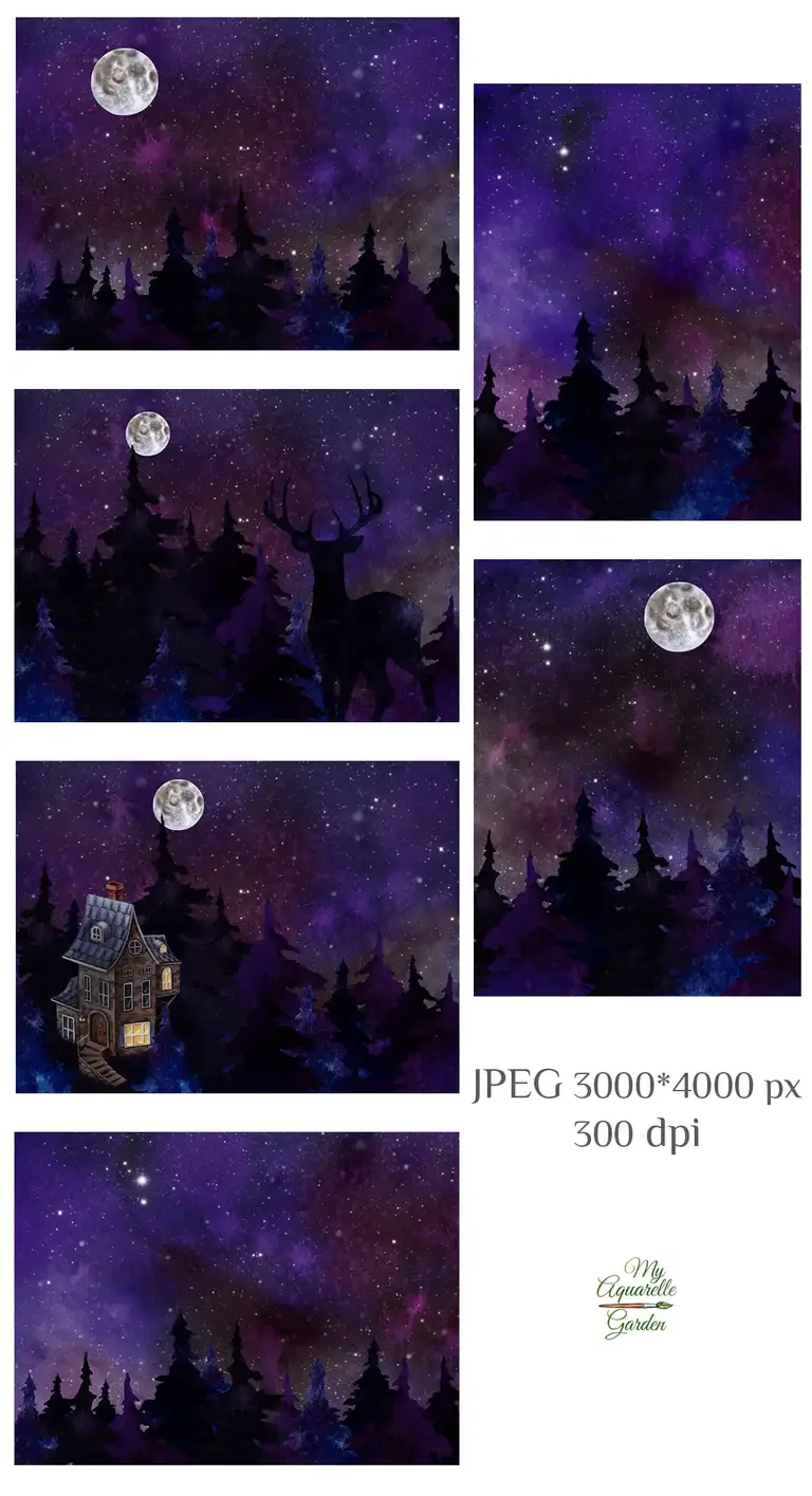 Starry night sky and night forest. House. Deer. Watercolor hand-painted clip art.