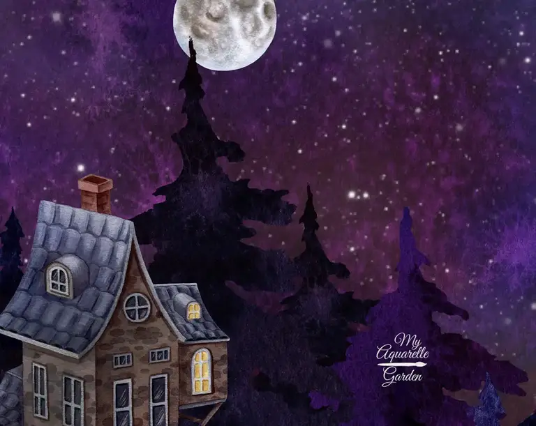 Starry night sky and night forest. House. Watercolor hand-painted clip art.