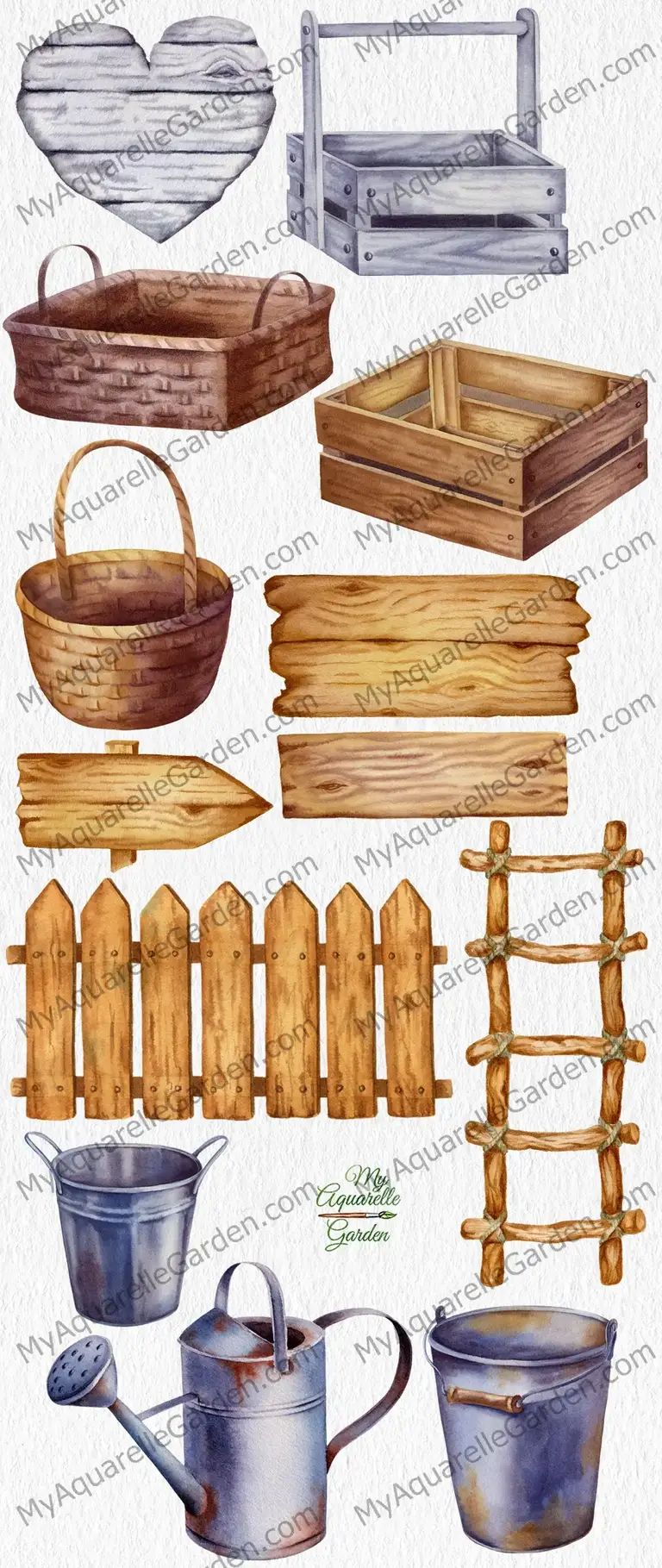Wooden and rusty. Gardening tools. Watercolor hand-painted clipart by MyAquarelleGarden