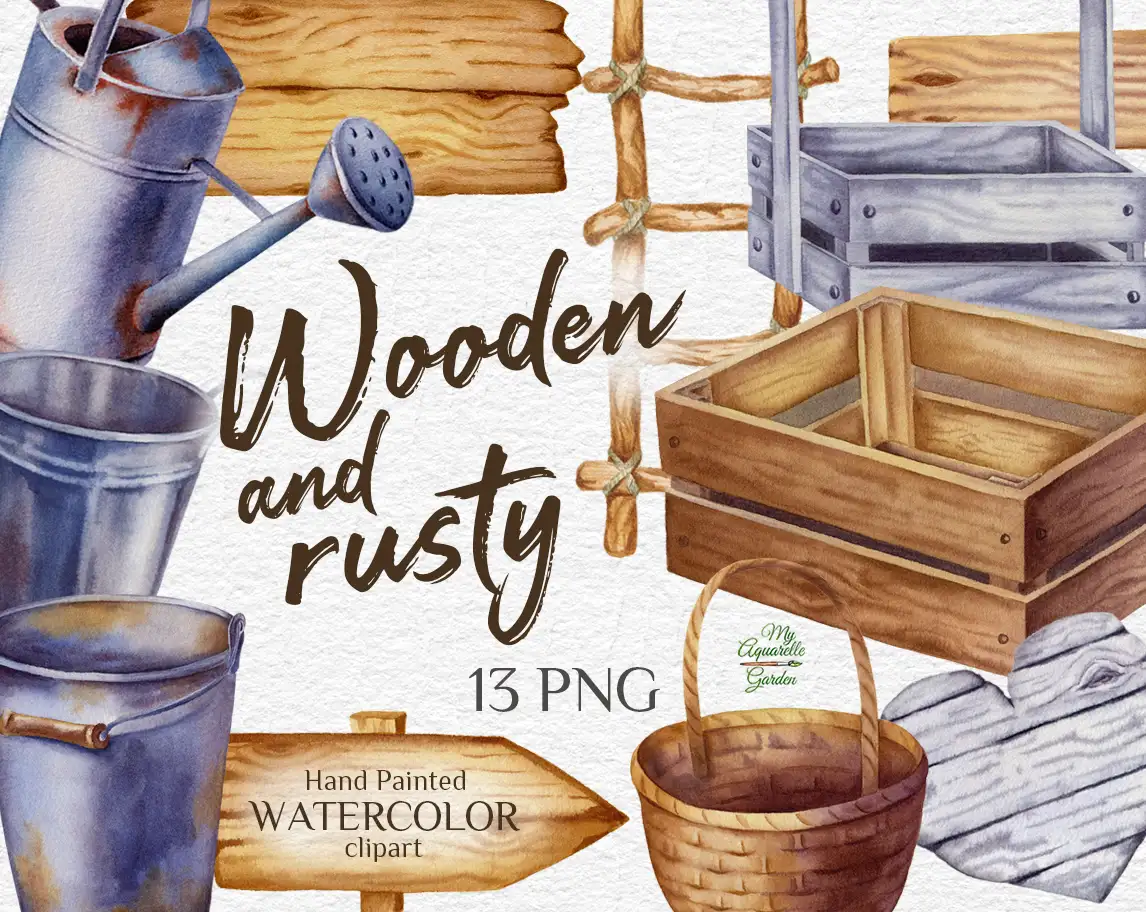 Wooden and rusty. Gardening tools. Watercolor hand-painted clip art. Cover