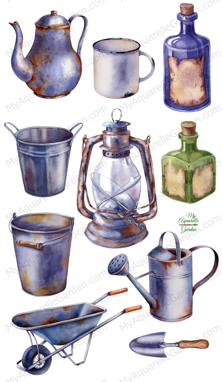 Vintage and rusty. Gardening tools. Watercolor hand-painted clipart.
