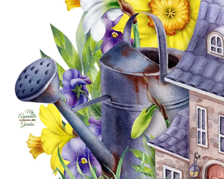 Spring house, flowers, gardening tools. Watercolor hand-painted clip art.