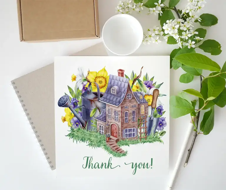 Spring house, flowers, gardening tools. Watercolor hand-painted clip art.