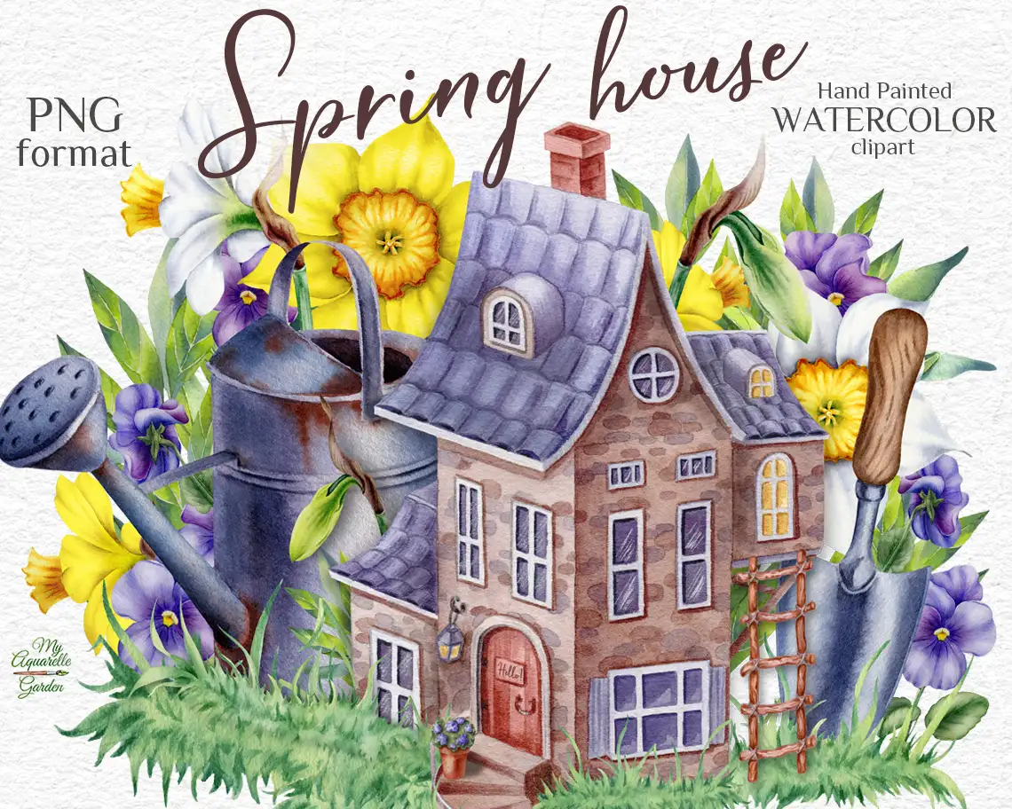 Spring house, flowers, gardening tools. Watercolor hand-painted clip art.