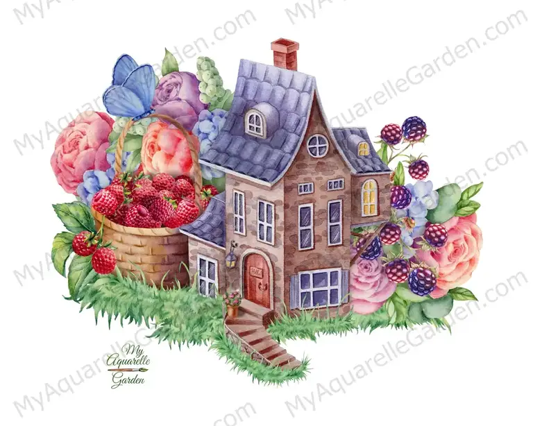 Summer house. Berries and flowers. Watercolor hand-painted illustrations. Digital clip art.