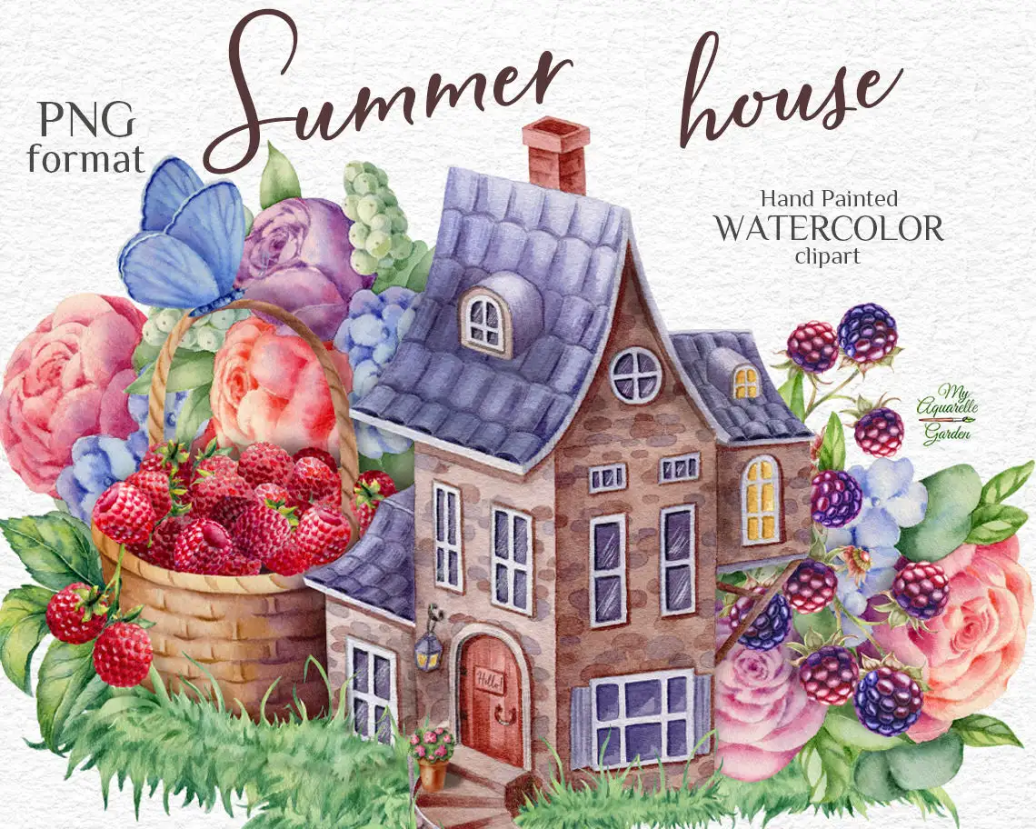 Summer house. Berries, flowers, butterfly. Watercolor hand-painted clip art.