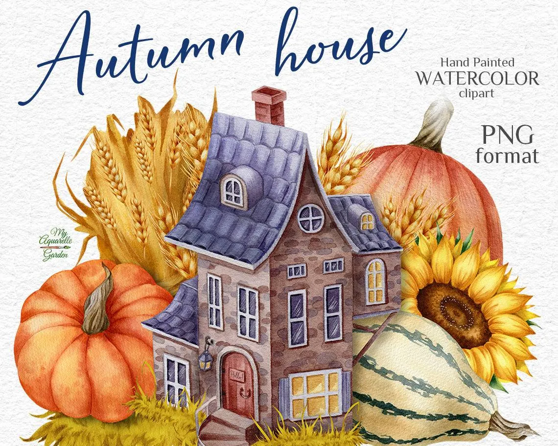 Autumn house. Pumpkins, sunflower. Watercolor hand-painted clip art.