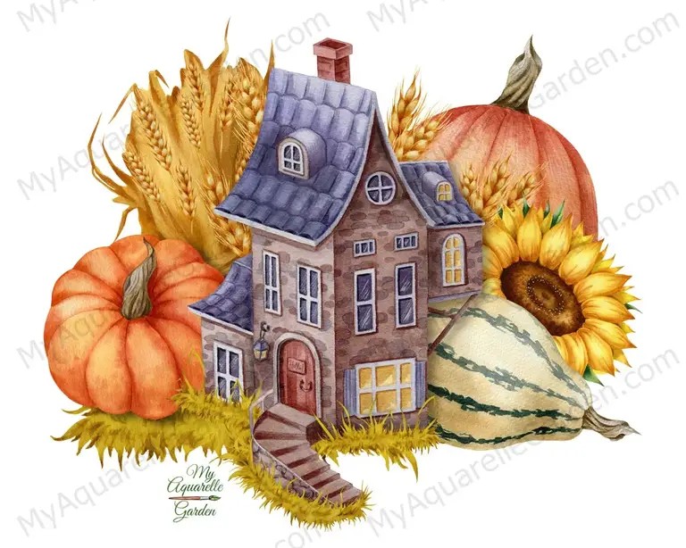 Autumn house. Harvest. Pumpkins, sunflower. Watercolor hand-painted clip art.