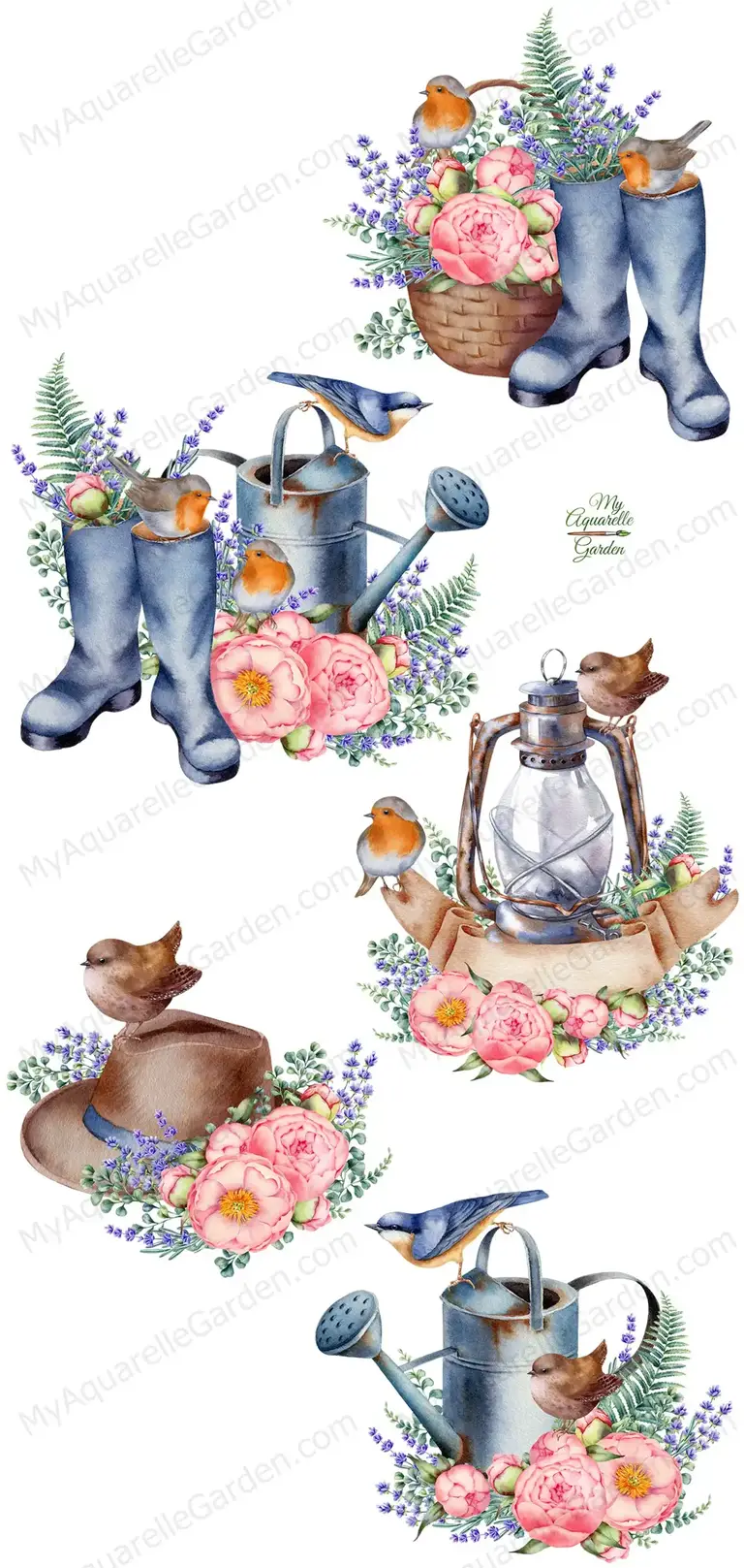 Garden life. Flowers, gardening tools. Watercolor hand-painted clipart.