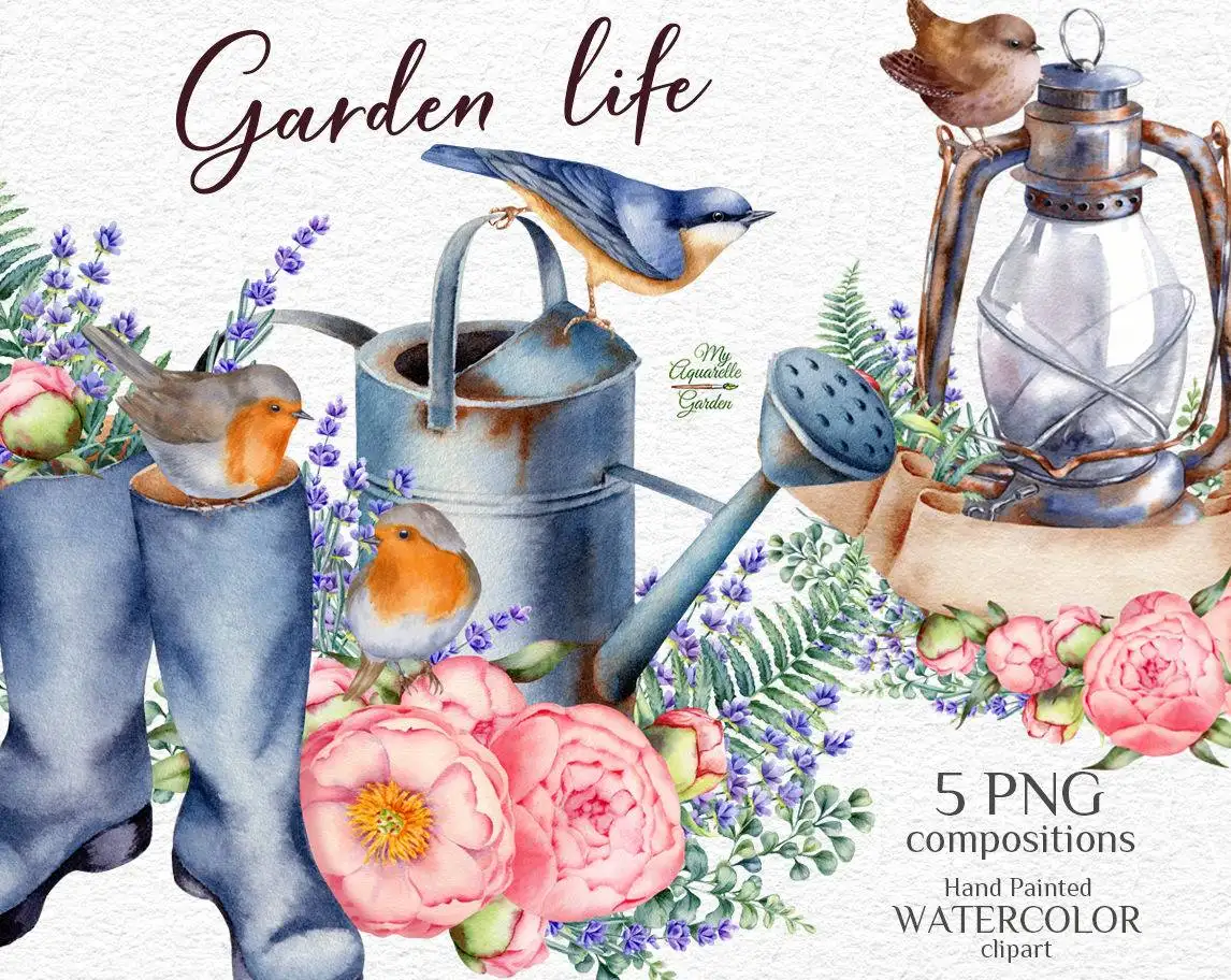 Garden life. Flowers, gardening tools. Watercolor hand-painted clipart. Cover.