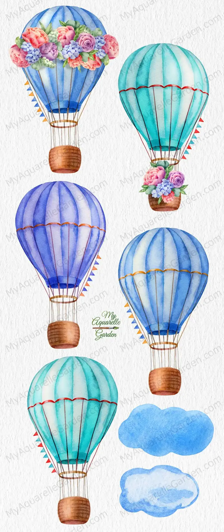 Hot air balloons and clouds. Summer festival.  Watercolor hand-painted clip art by MyAquarelleGarden.