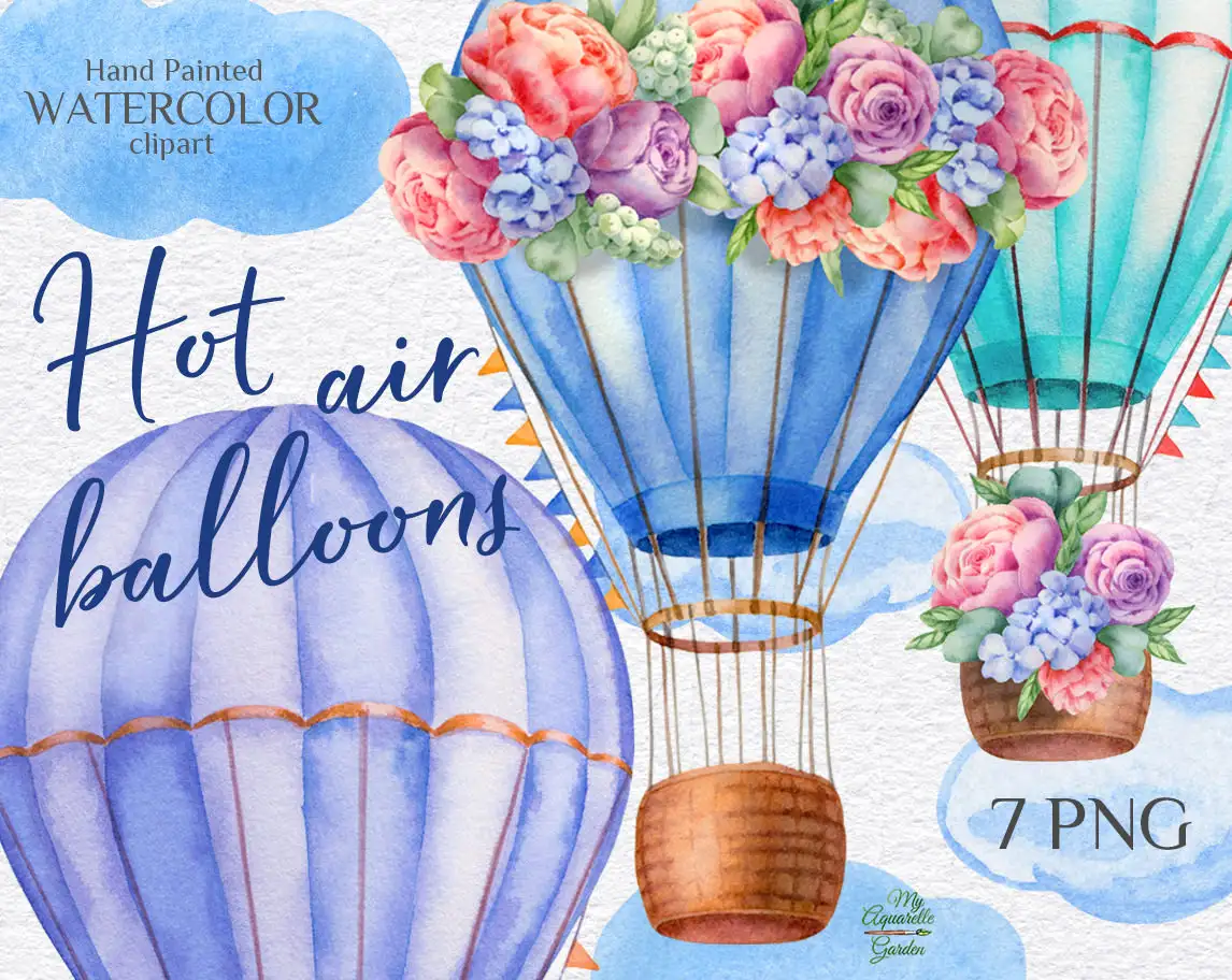 Hot air balloons and clouds. Summer festival.  Watercolor hand-painted clip art. Cover.