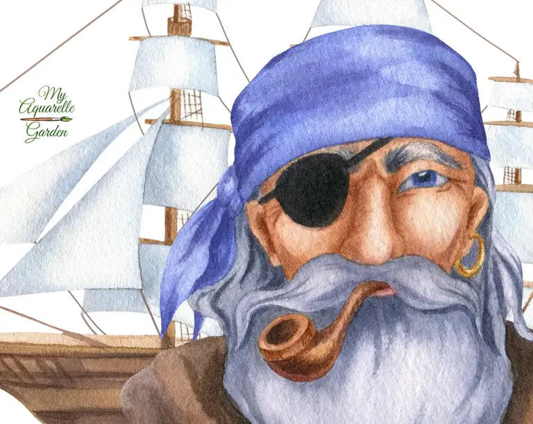 Pirates face. Ship. Watercolor hand-painted clipart.