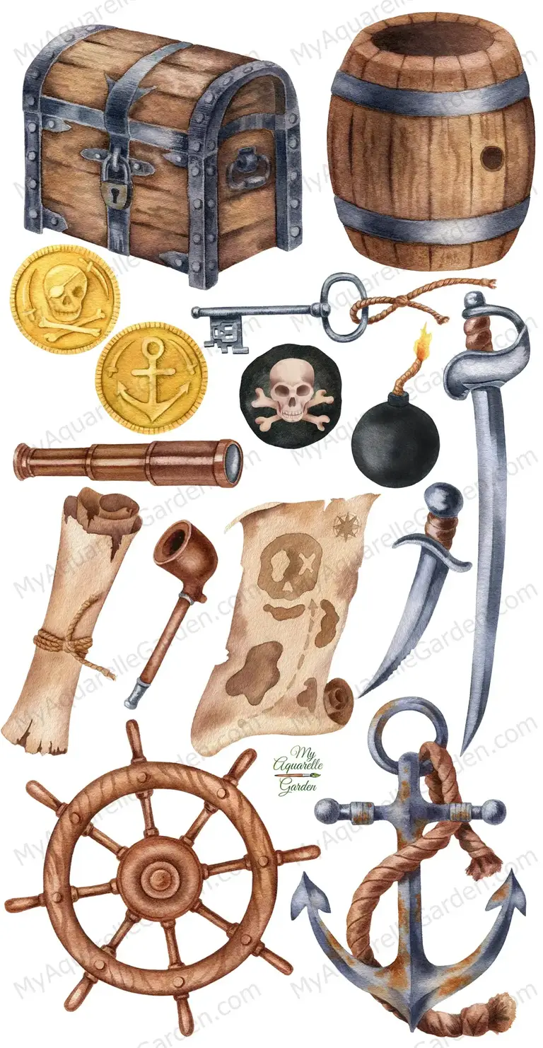 Pirates stuff. Anchor. Helm. Black mark. Chest. Sabers. Pipe. Watercolor hand-painted clipart.