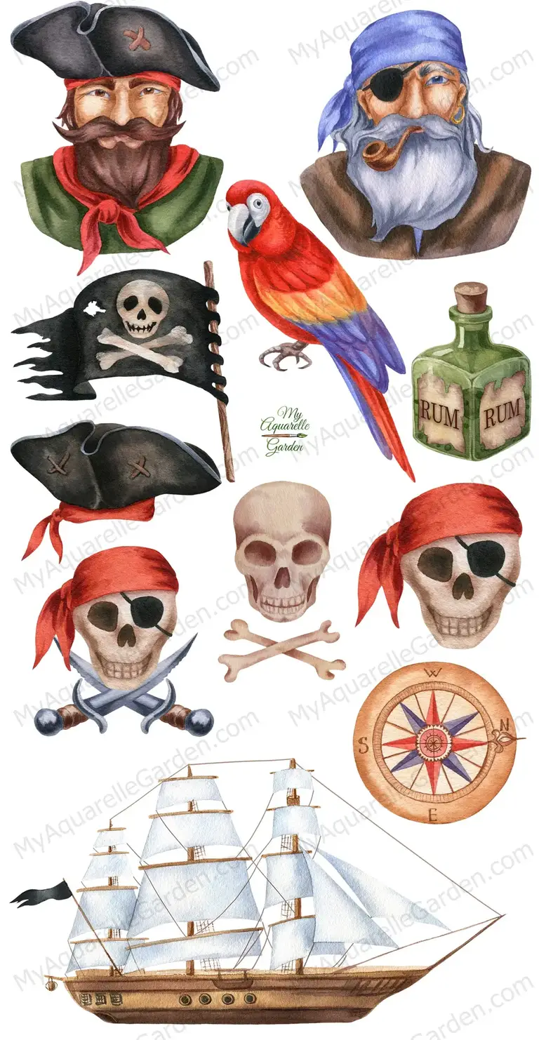 Pirates faces. Skulls. Parrot. Ship. Pirates flag. Watercolor hand-painted clipart.
