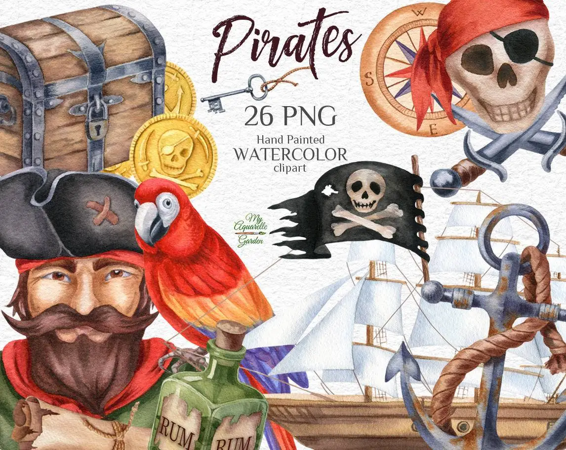 Pirates! Watercolor hand-painted clipart. Watercolor hand-painted clip art. Cover.