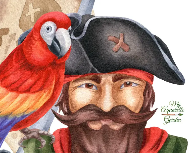 Pirate face. Parrot. Watercolor hand-painted clipart. Closeup.