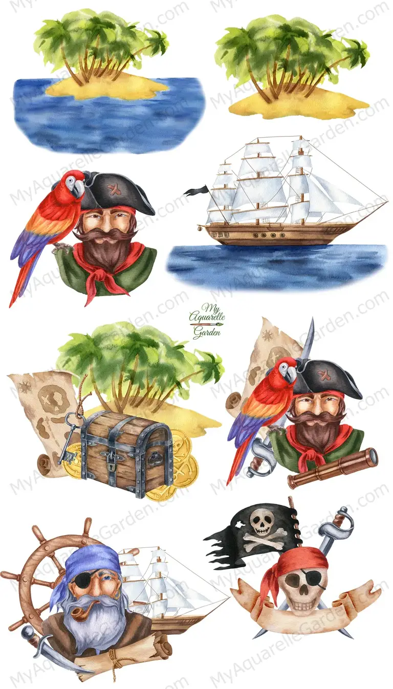 Pirate life compositions. Faces. Skulls. Parrot. Ship. Pirates flag. Watercolor hand-painted clipart.