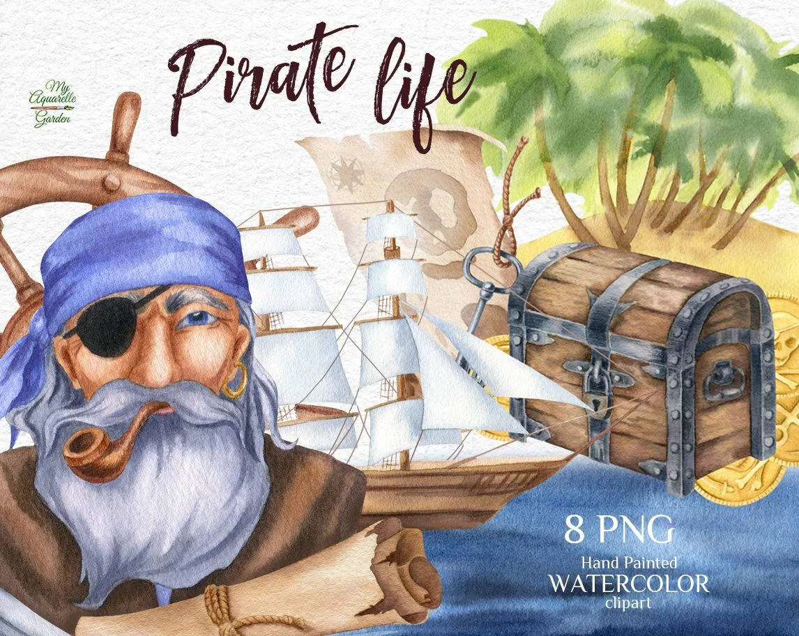 Pirate life. Watercolor hand-painted clipart. Watercolor hand-painted clip art. Cover.