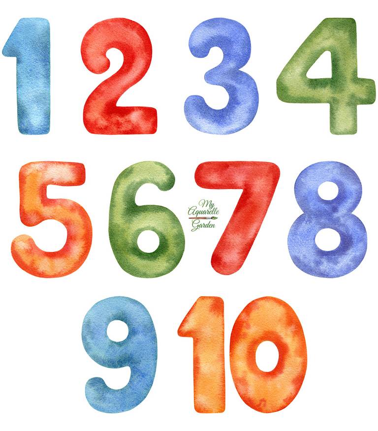 Numbers 1-10. Kids education poster. Watercolor hand-painted clipart.