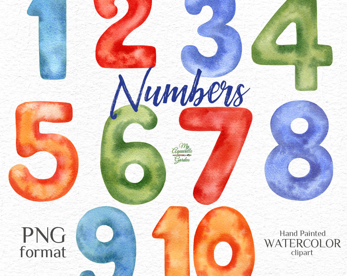 Numbers 1-10. Kids education poster. Watercolor hand-painted clipart.
