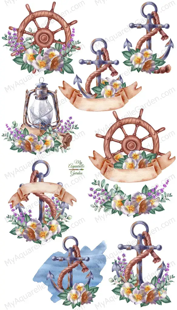 Nautical elements. Anchors, ship steerin wheels. Watercolor hand-painted clip art. 
