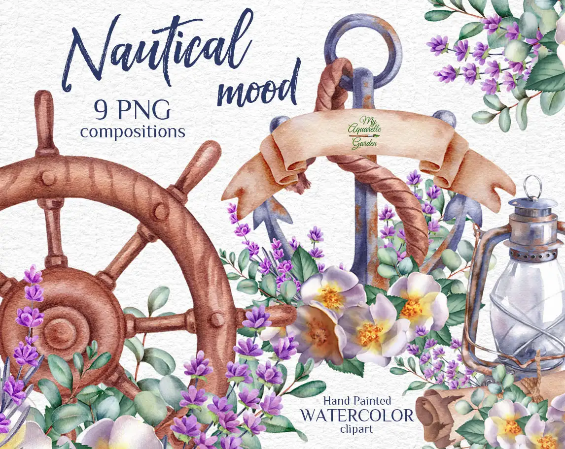 Nautical elements. Anchors, ship steering wheels, wreaths. Watercolor hand-painted clip art. Cover.