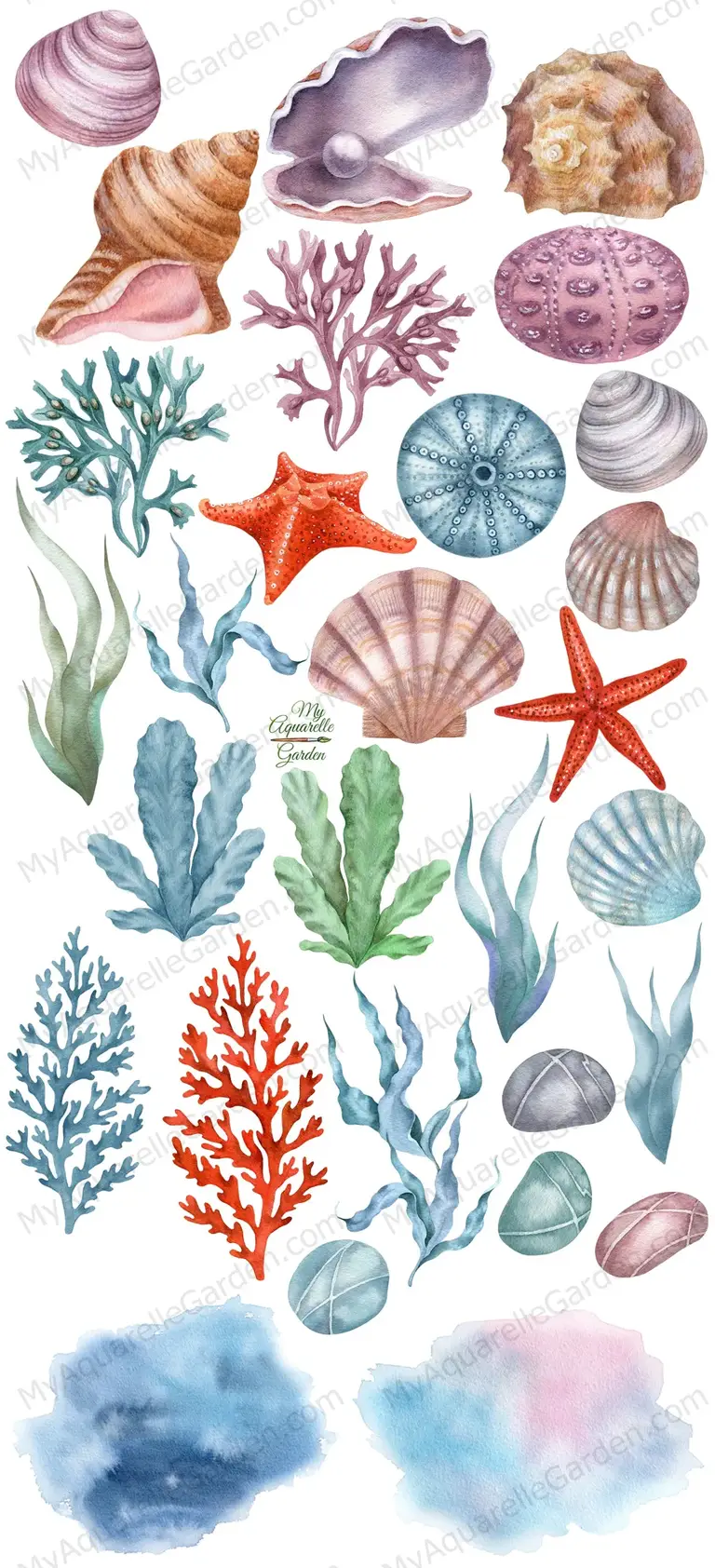 Ocean creatures. Under the sea. Corals, seashells, starfishes, pebbles, seaweed, pearl. Watercolor hand-painted clip art. 