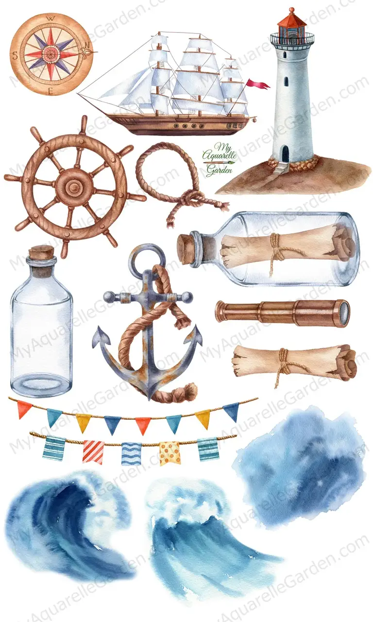 Lighthouse, sailboat, anchor, spyglass, letter in a bottle, sea knot, pennants and flags, old compass, old sea map, sea waves. Watercolor hand-painted clip art. 
