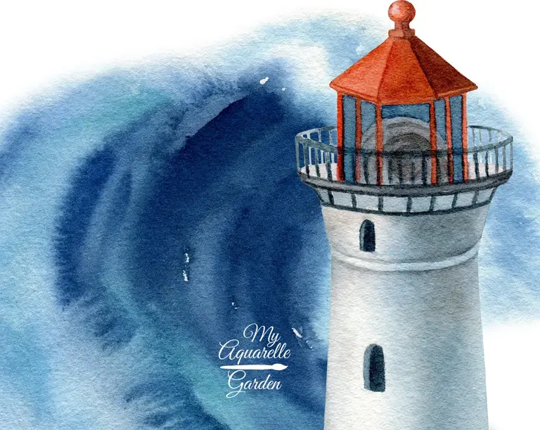 LIghthouse, waves. Watercolor hand-painted clip art. Close up.