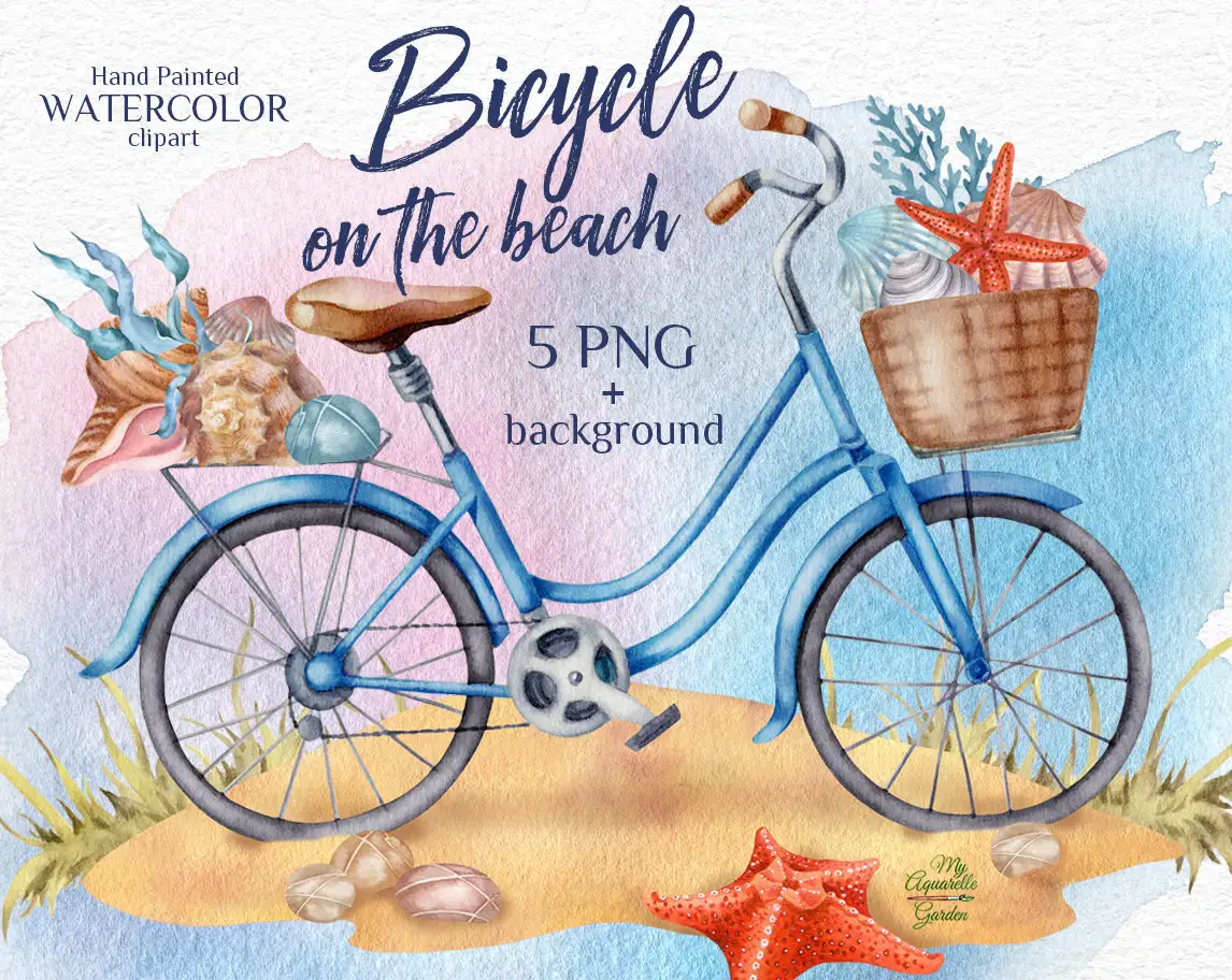 Bicycles on the beach. Watercolor hand-painted clip art. Cover.