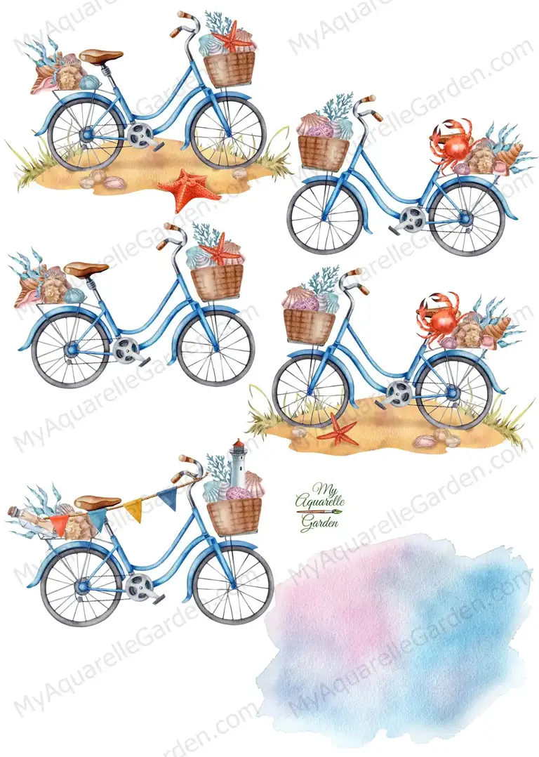 Bicycles on the beach. Watercolor hand-painted clip art by MyAquarelleGarden.