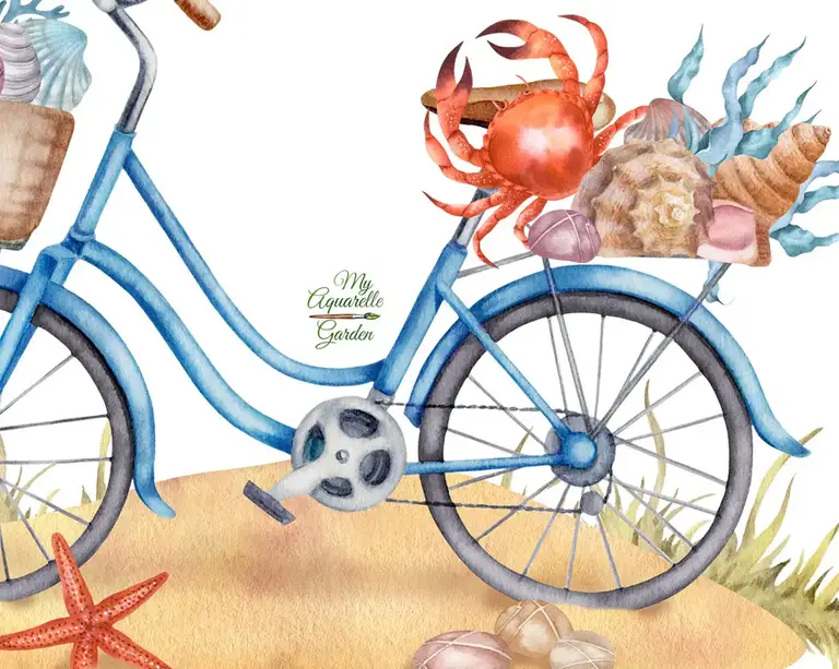 Bicycles on the beach. Watercolor hand-painted clip art by MyAquarelleGarden.Close up.
