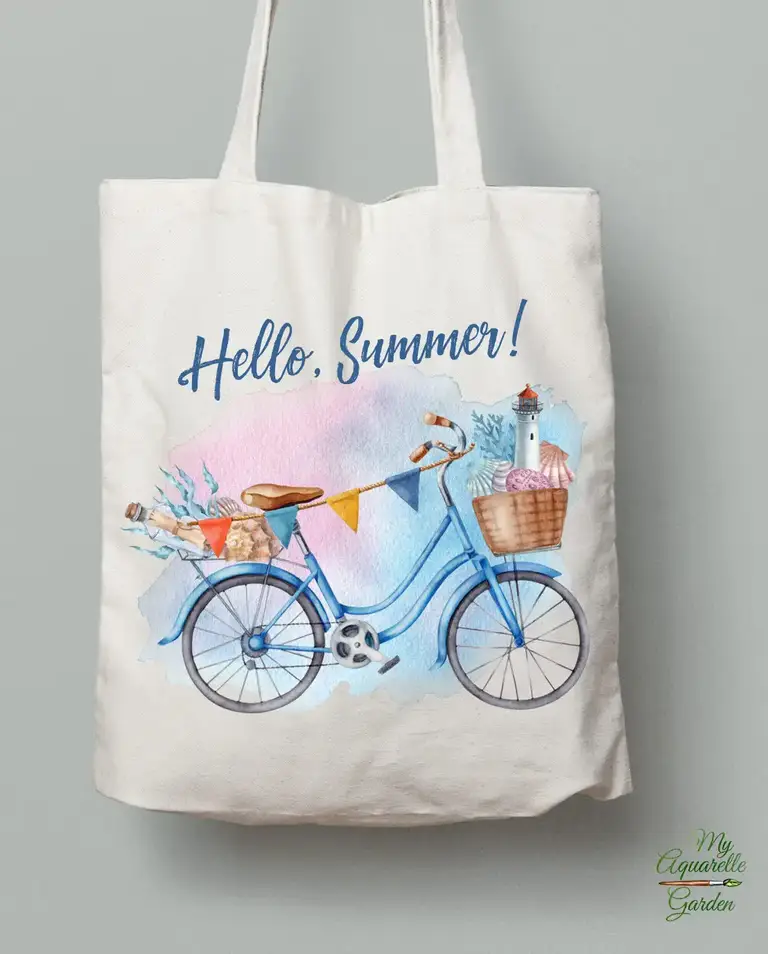 Bicycles on the beach. Watercolor hand-painted clip art by MyAquarelleGarden. Tote-bag mockup.