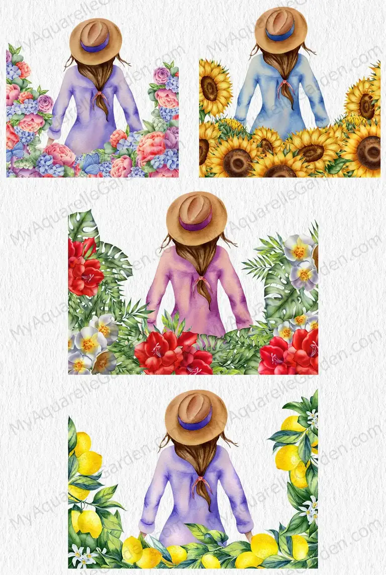Summer girl. Watercolor hand-painted clip art. 
