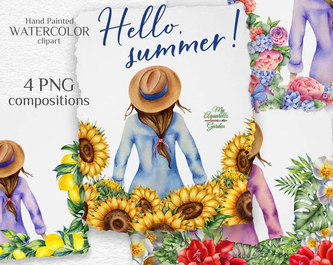 Summer girl. Watercolor hand-painted clip art. Cover.