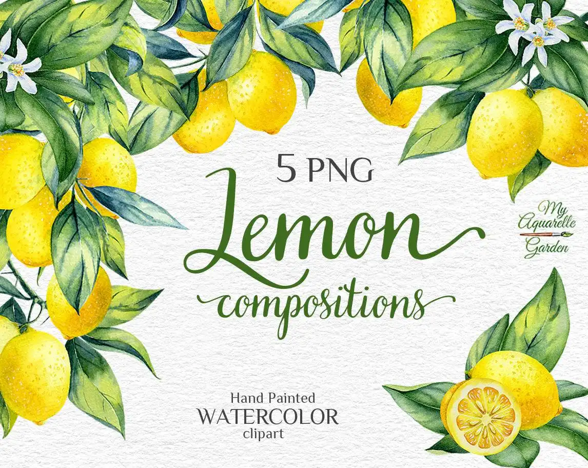 Lemon. Watercolor hand-painted clip art. Cover.