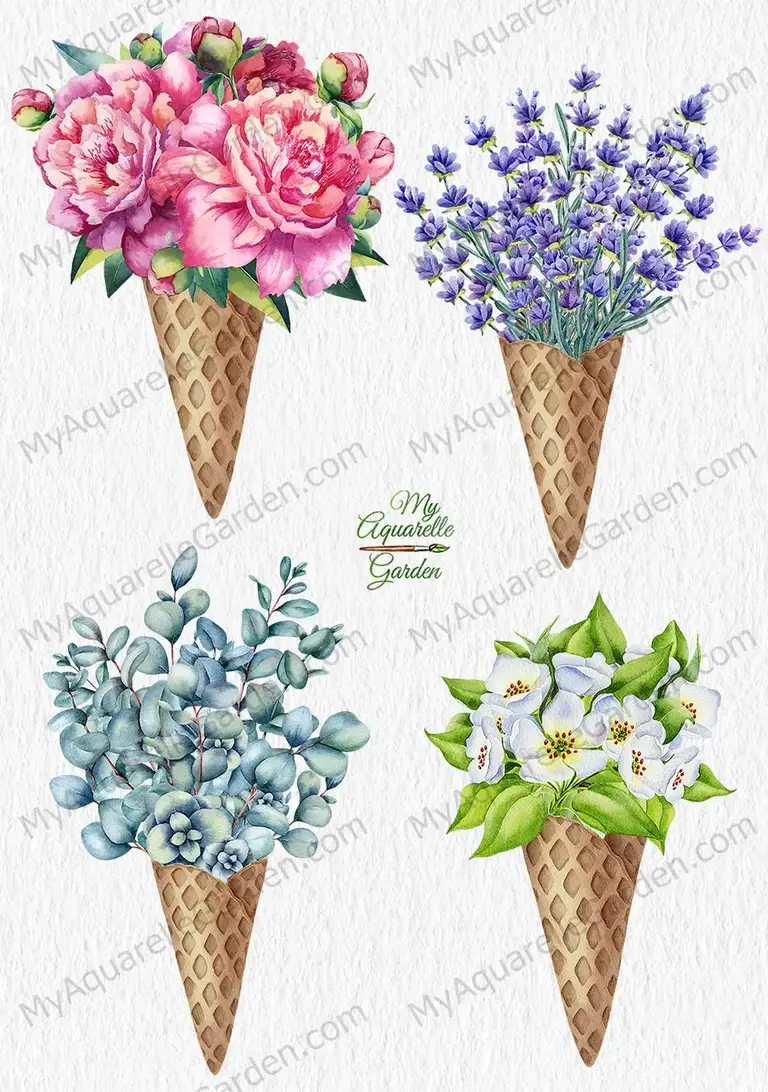 Ice cream cones, flower bouquets. Summer, vacation theme. Watercolor hand-painted clip art.