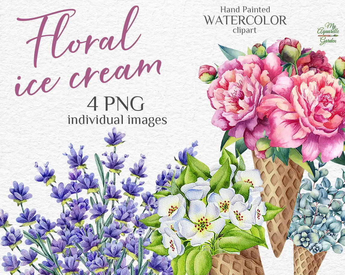 Ice cream cones, flowers. Summer, vacation theme. Watercolor hand-painted clip art. Cover.